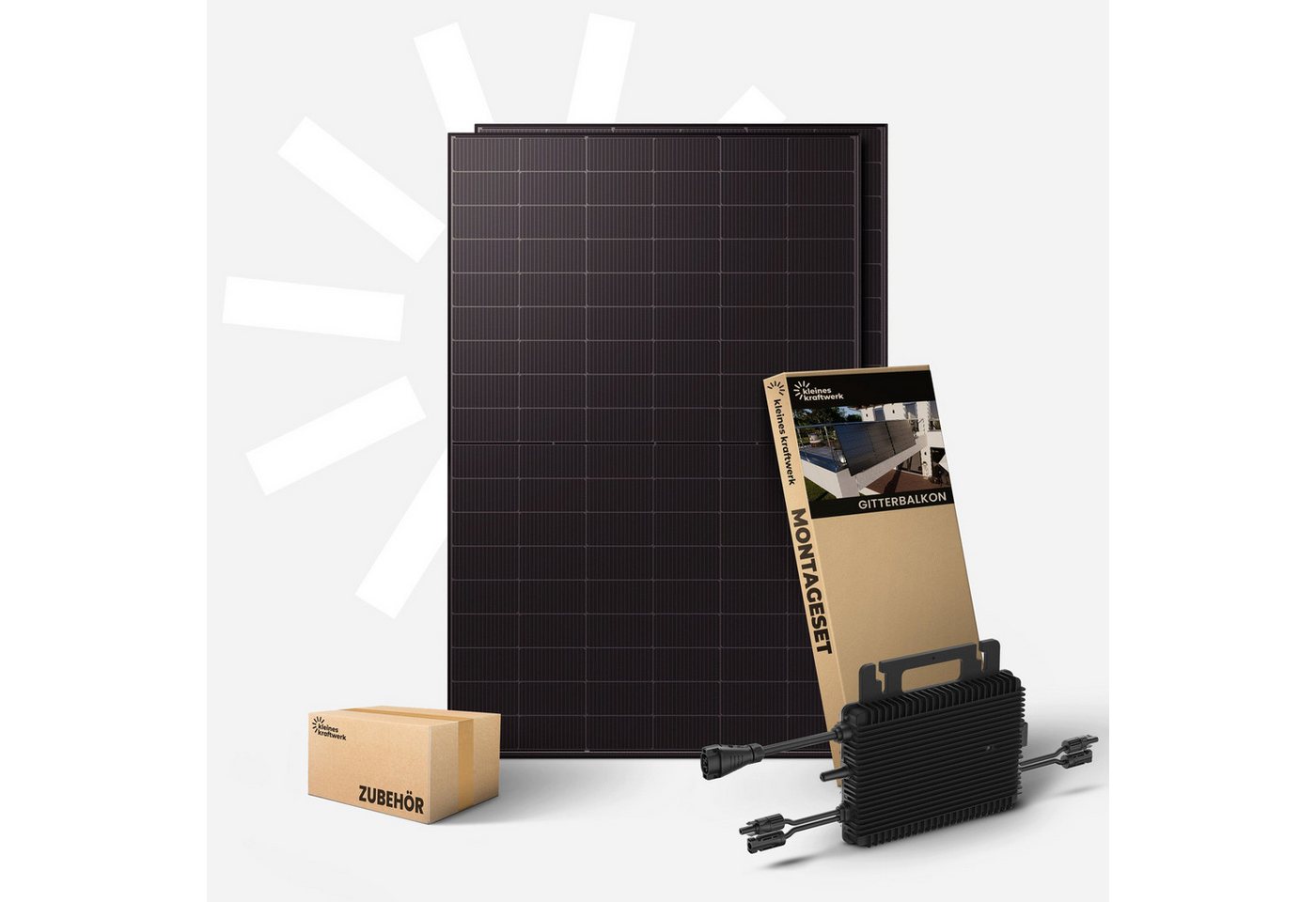 Kleines Kraftwerk Balkonkraftwerk, 1000 W, Monokristallin, (Gitterbalkon, Solaranlage Komplettset mit Wechselrichter), 2 x 500W, Wechselrichter, Stromanschlusskabel, Solarverlängerungskabel