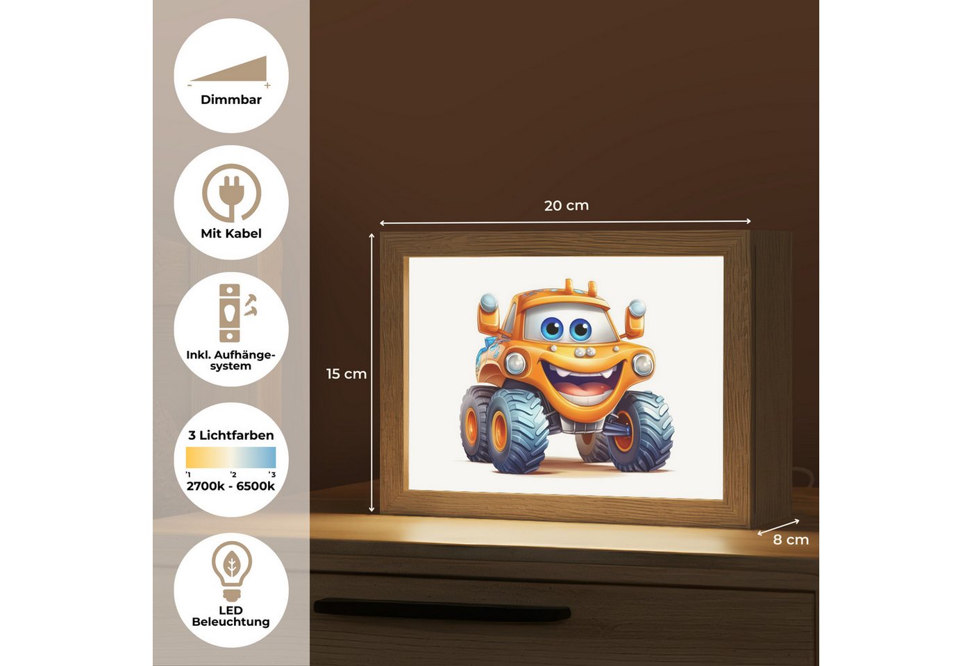 OnlyWow Nachttischlampe Lightbox Auto - Orange - Junge - Kind - Jungen, Dimmbar, Farbwechsel, LED, Warmweiß, Kaltweiß, Neutralweiß Einstellbar, Nachtlicht, Kinder- und Babyzimmer, Dimmbar, mit Kabel, Tischleuchte Bild 4