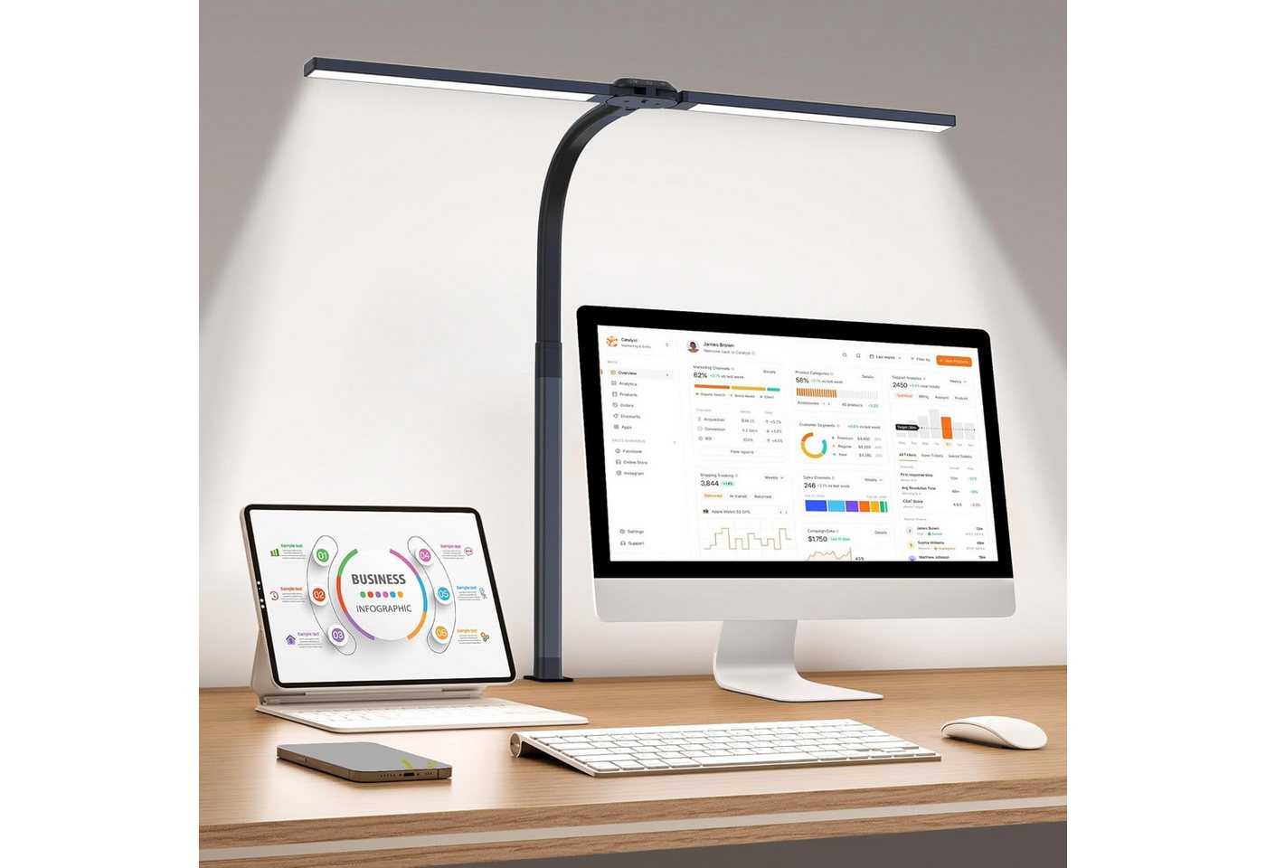 VEKROBOT LED Schreibtischlampe LED Schreibtischleuchte mit Klemme Augenschutz dimmbar flexibler Arm, Doppelkopf LED Schreibtischlampe mit Klemme
