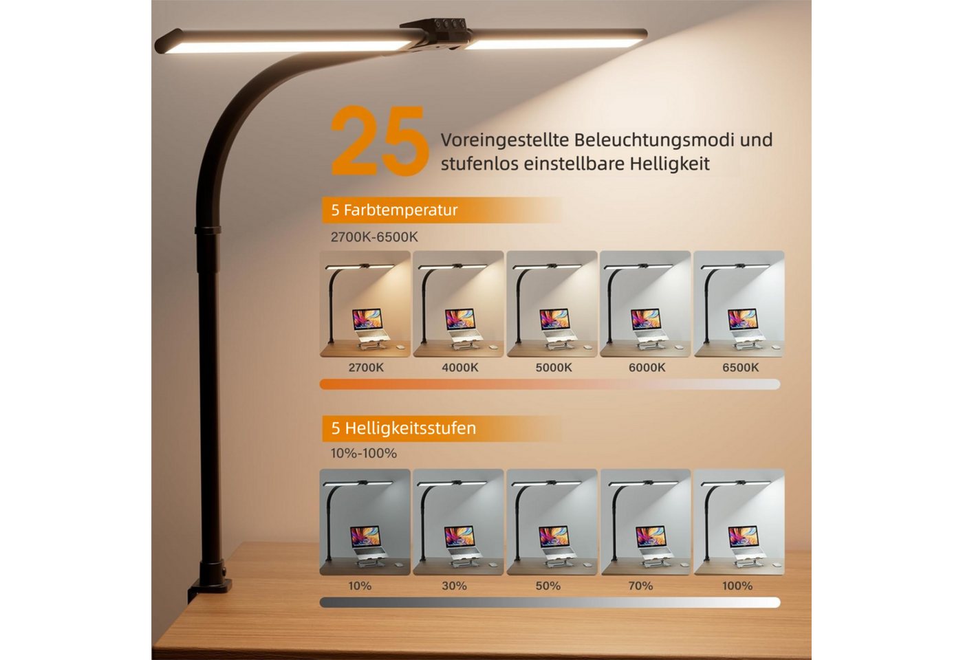 VEKROBOT LED Schreibtischlampe LED Schreibtischleuchte mit Klemme Augenschutz dimmbar flexibler Arm, Doppelkopf LED Schreibtischlampe mit Klemme Bild 2