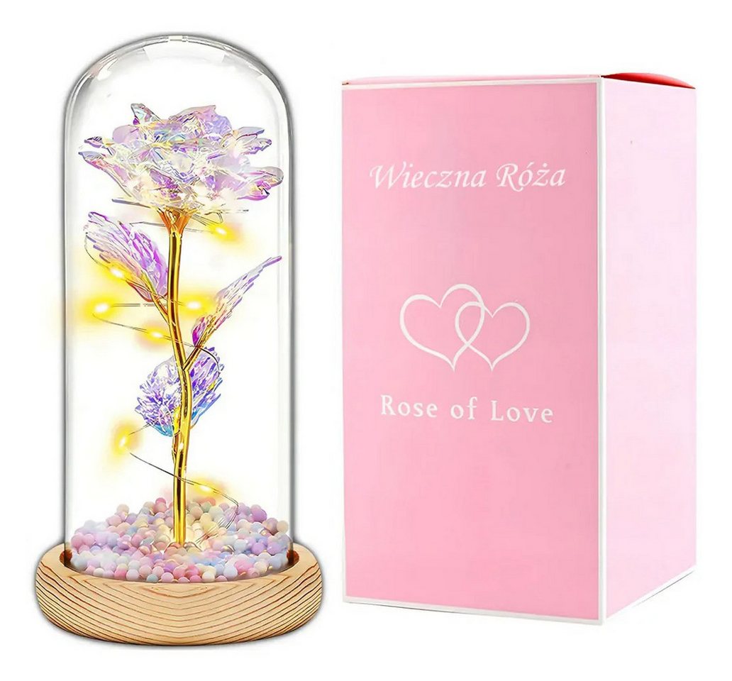AMORE MIO LED Dekoobjekt LED Rosen Ornament mit Holzsockel und Dekokuppel Geschenk, LED fest integriert, Romantische Forever Rose 22cm hoch batteriebetrieben mit Holz-Sockel