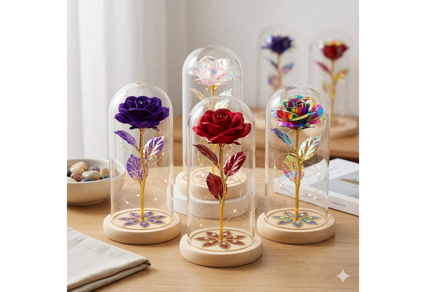 AMORE MIO LED Dekoobjekt LED Rosen Ornament mit Holzsockel und Dekokuppel Geschenk, LED fest integriert, Romantische Forever Rose 22cm hoch batteriebetrieben mit Holz-Sockel Bild 2