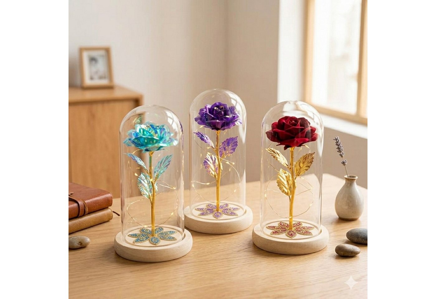 AMORE MIO LED Dekoobjekt LED Rosen Ornament mit Holzsockel und Dekokuppel Geschenk, LED fest integriert, Romantische Forever Rose 22cm hoch batteriebetrieben mit Holz-Sockel Bild 3