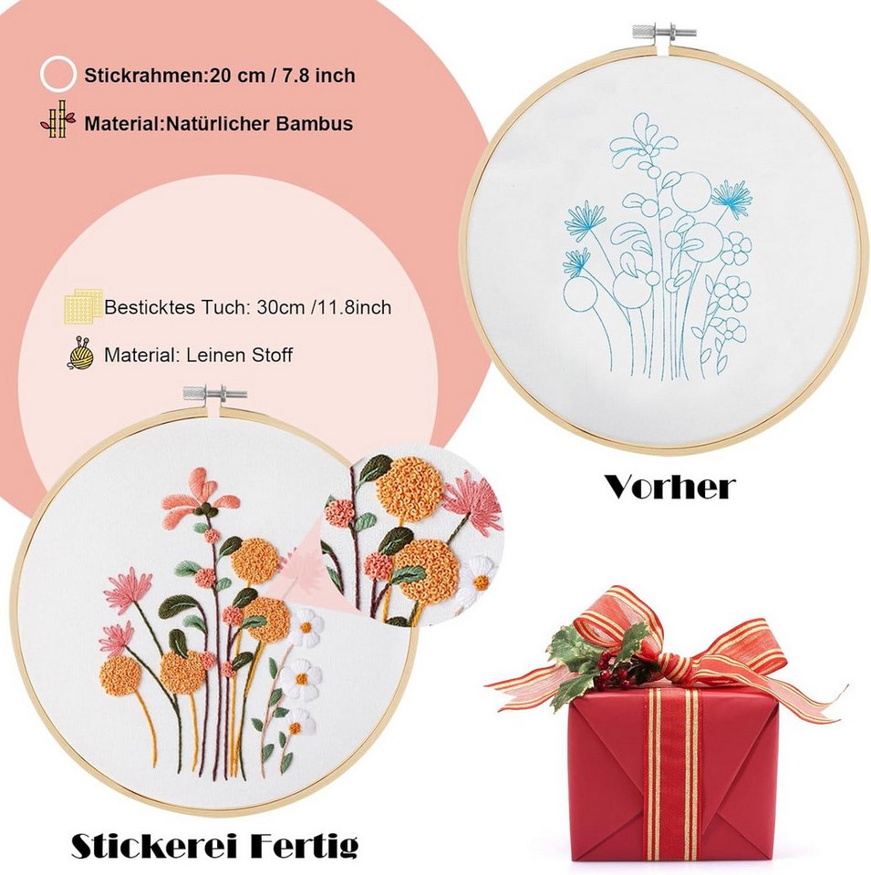 Agger Kreativset Stickset für Anfänger, Blumenmuster Pflanzen Sticken Set