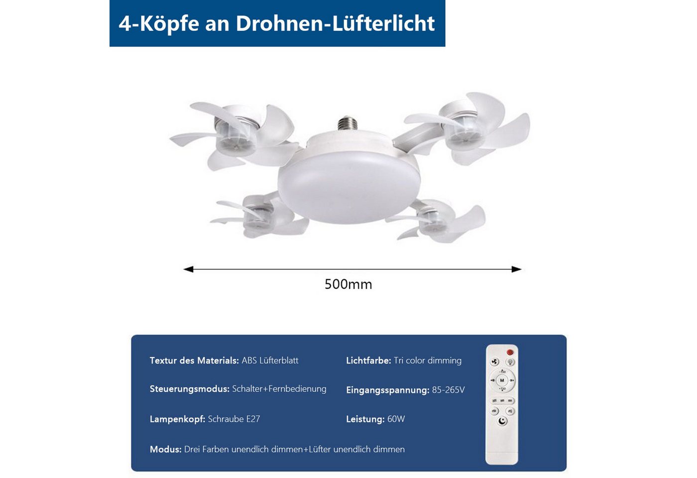 FELIXLEO Außen-Deckenleuchte Deckenventilator mit LED Licht Fernbedienung leise faltbar 60W Bild 4