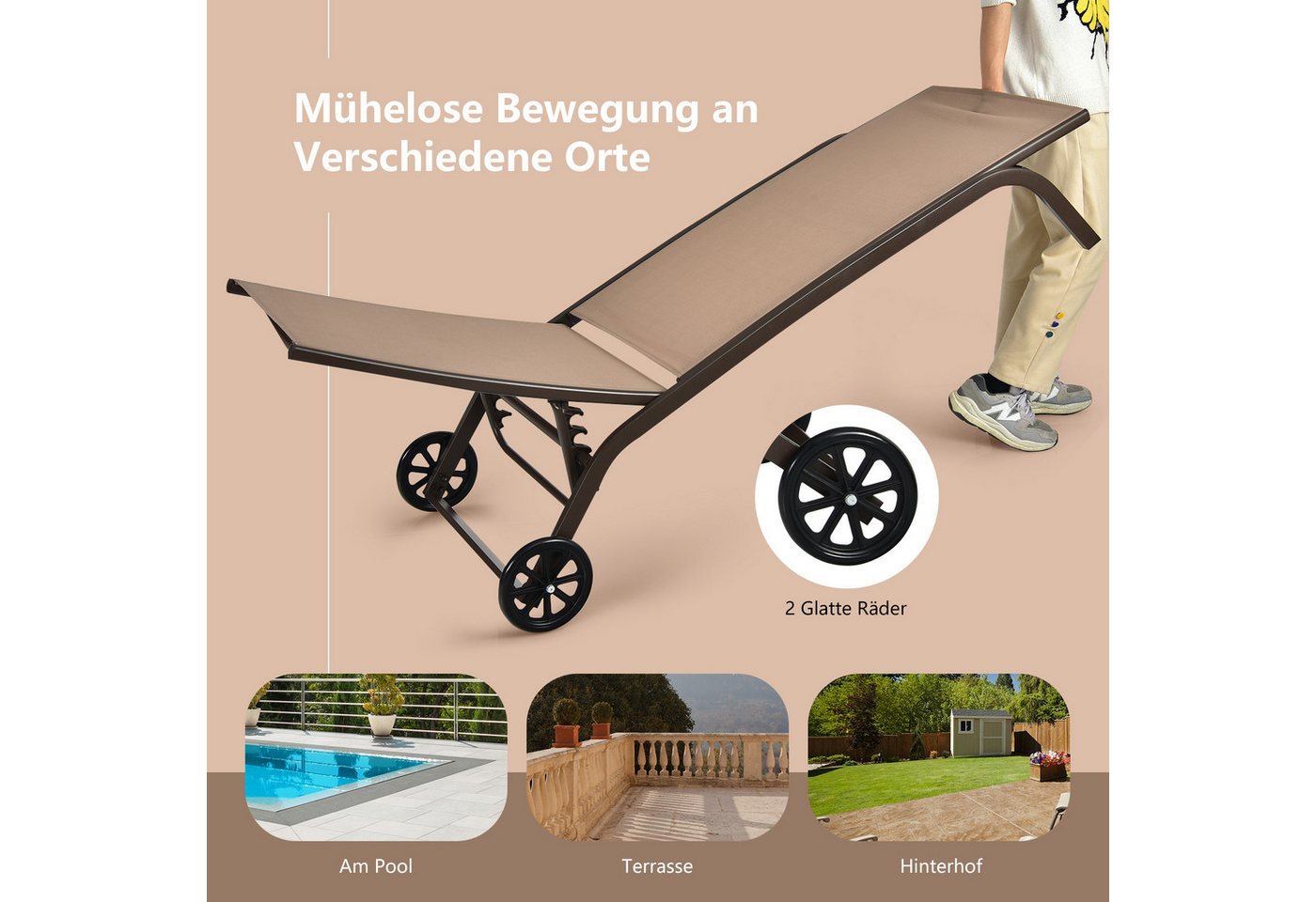 COSTWAY Gartenliege Sonnenliege, mit Rollen, 6-fach verstellbar Bild 2