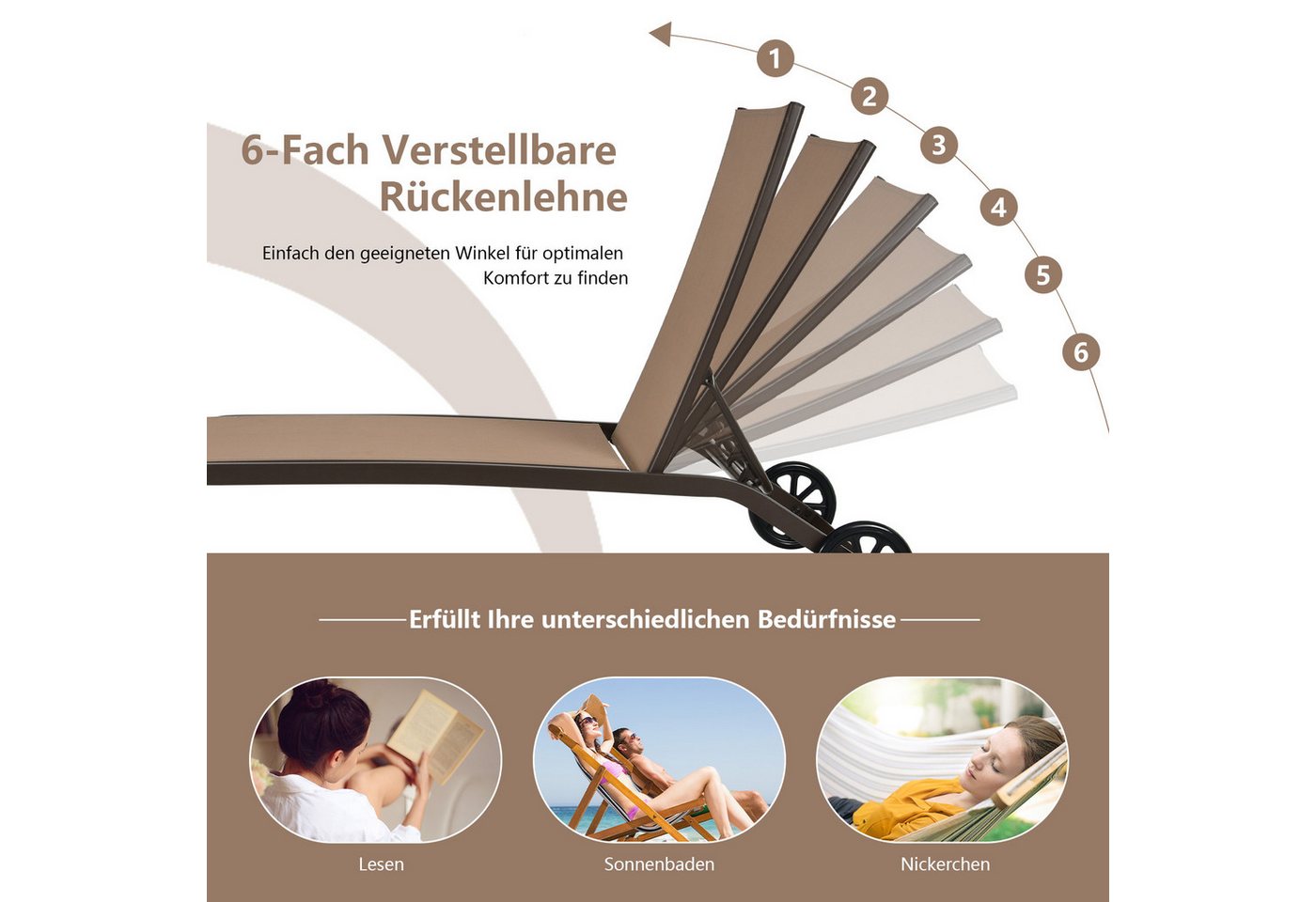 COSTWAY Gartenliege Sonnenliege, mit Rollen, 6-fach verstellbar Bild 3