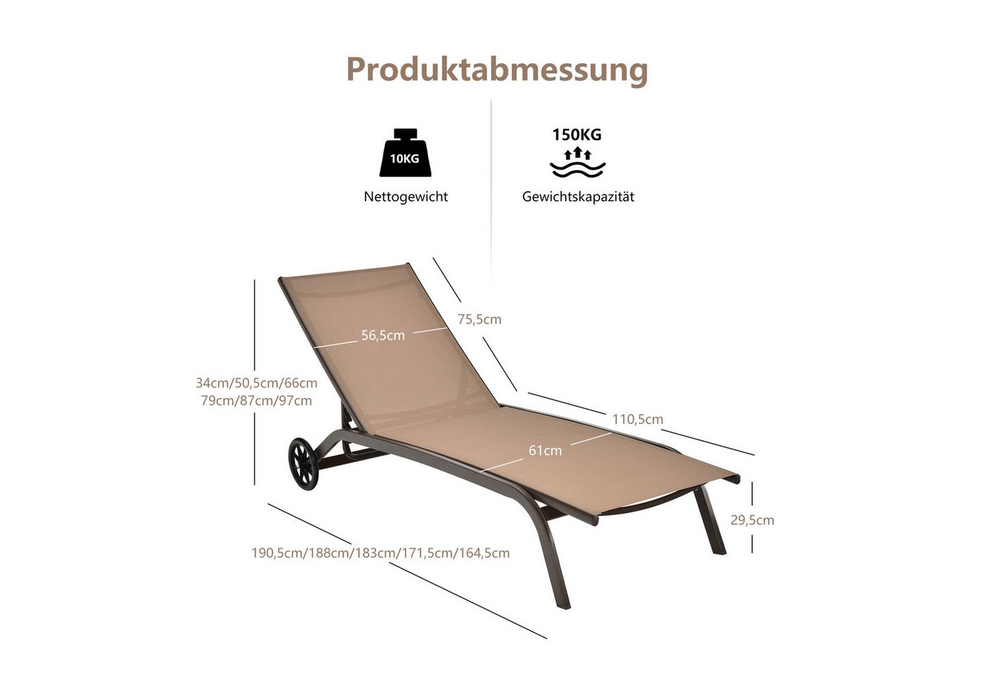 COSTWAY Gartenliege Sonnenliege, mit Rollen, 6-fach verstellbar Bild 4
