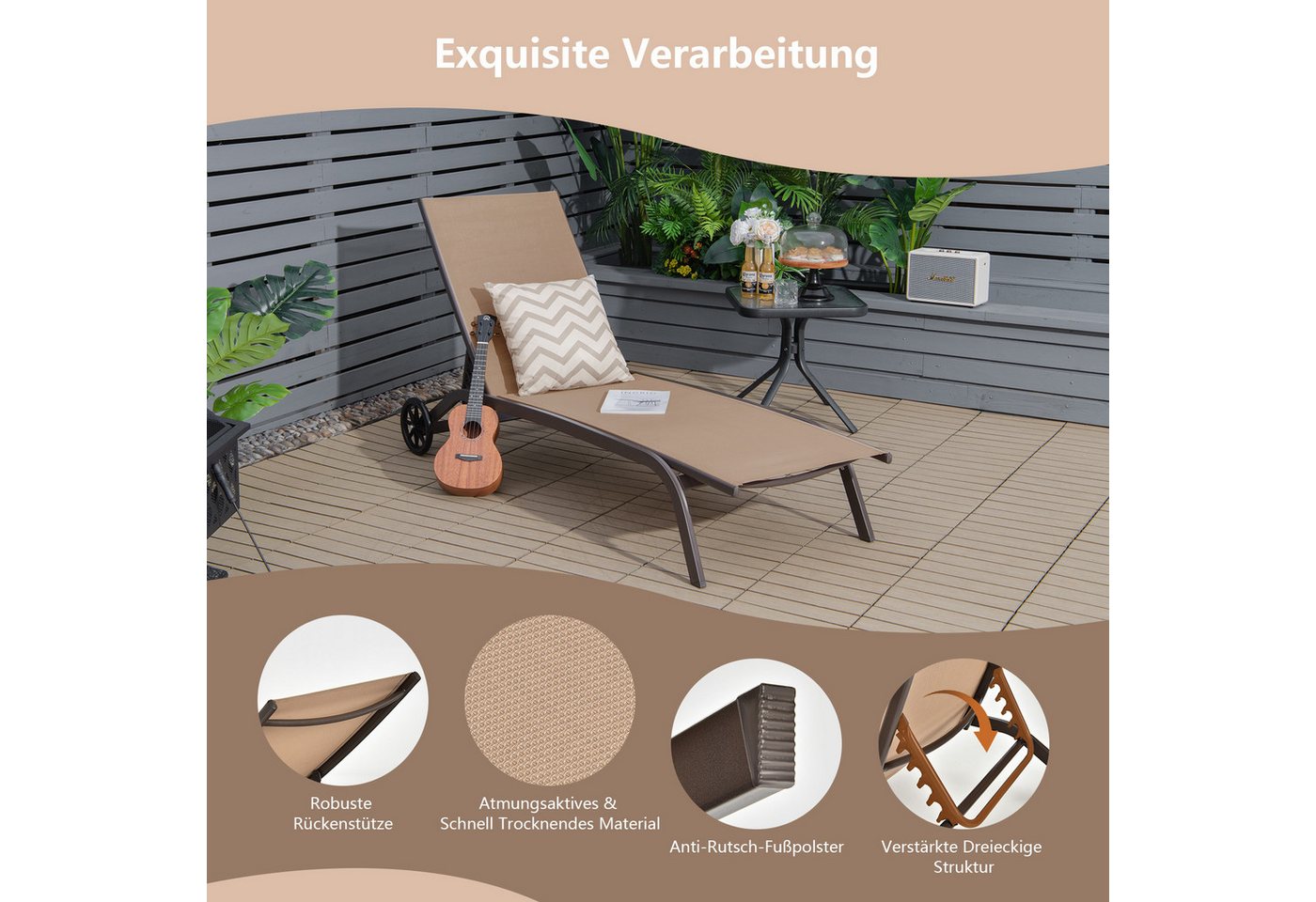 COSTWAY Gartenliege Sonnenliege, mit Rollen, 6-fach verstellbar Bild 5