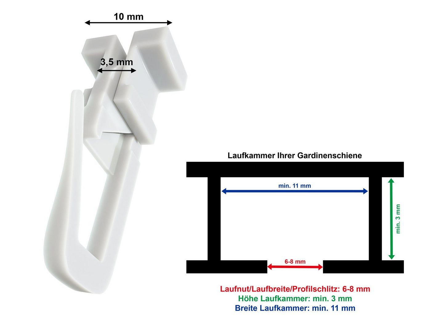 dekondo Gardinengleiter Duo X-Gleiter / Universalgleiter / Faltengleiter, mit drehbarem Kopf für 4 mm "oder" 6 mm breite Laufnut/Profilschlitz Ihrer Gardinenschiene, (50-St), mit verschließbaren Faltenlegehaken