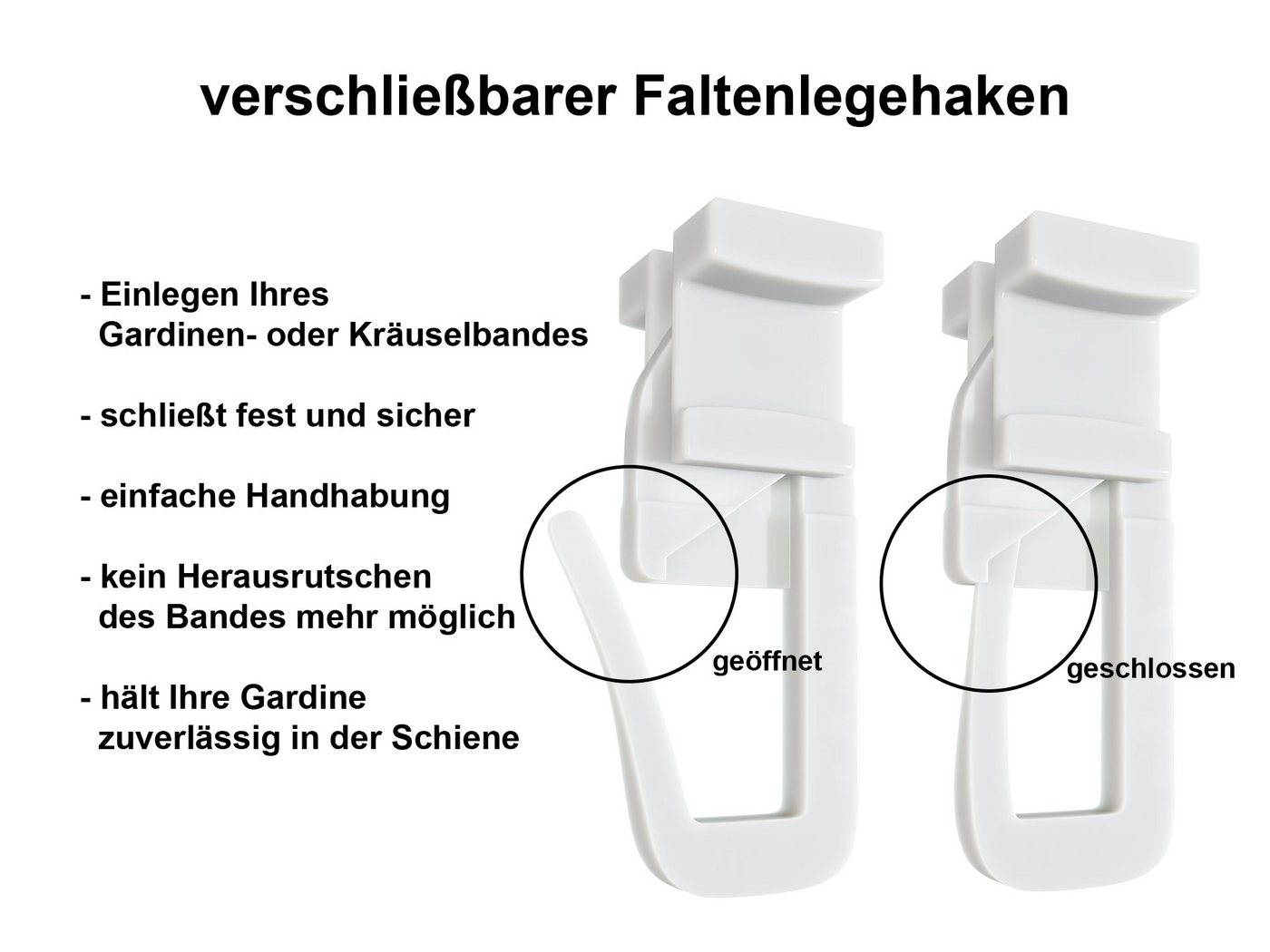 dekondo Gardinengleiter Duo X-Gleiter / Universalgleiter / Faltengleiter, mit drehbarem Kopf für 4 mm "oder" 6 mm breite Laufnut/Profilschlitz Ihrer Gardinenschiene, (50-St), mit verschließbaren Faltenlegehaken Bild 4