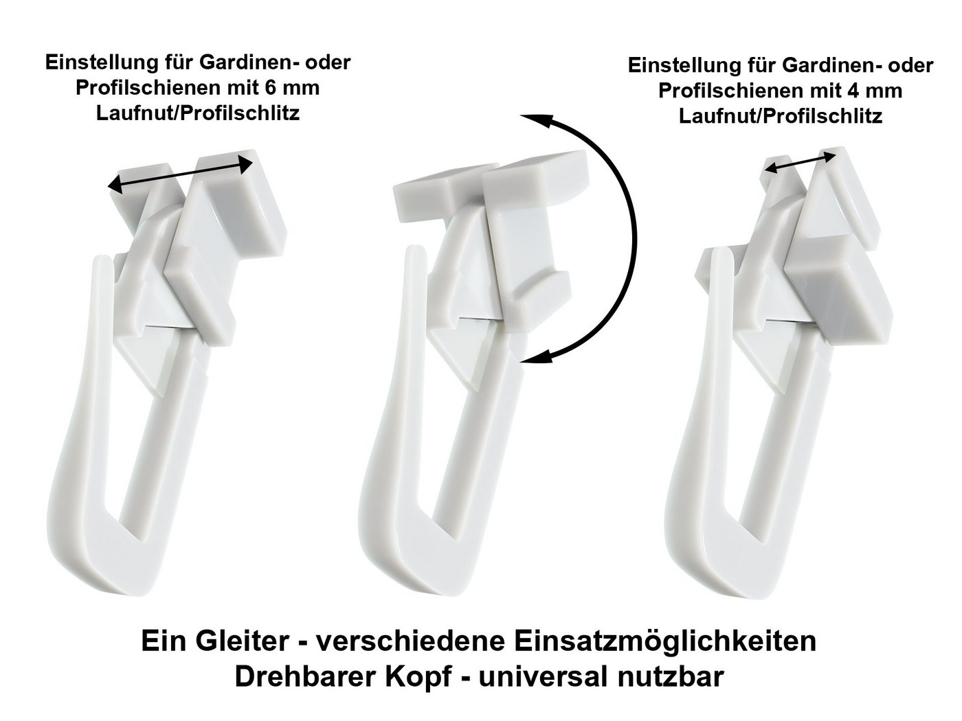dekondo Gardinengleiter Duo X-Gleiter / Universalgleiter / Faltengleiter, mit drehbarem Kopf für 4 mm "oder" 6 mm breite Laufnut/Profilschlitz Ihrer Gardinenschiene, (50-St), mit verschließbaren Faltenlegehaken Bild 5