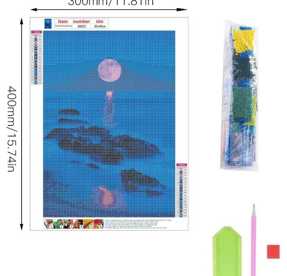 LA CUTE Malen nach Zahlen Sandstrand Küste Abendmond - 5D Diamond Painting Set 30x40cm (5d Diamond Painting-Set, Bild, Diamanten, Stift und Container), Entspannende DIY-Aktivität für Kreativität & Stressabbau Bild 3
