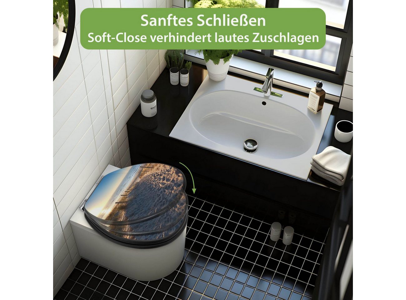 banjado WC-Sitz Anthrazit mit Absenkautomatik Motiv Nordseestrand (umweltfreundliches Material, integrierte Absenkautomatik), 46,5 x 38 x 5 cm Bild 4