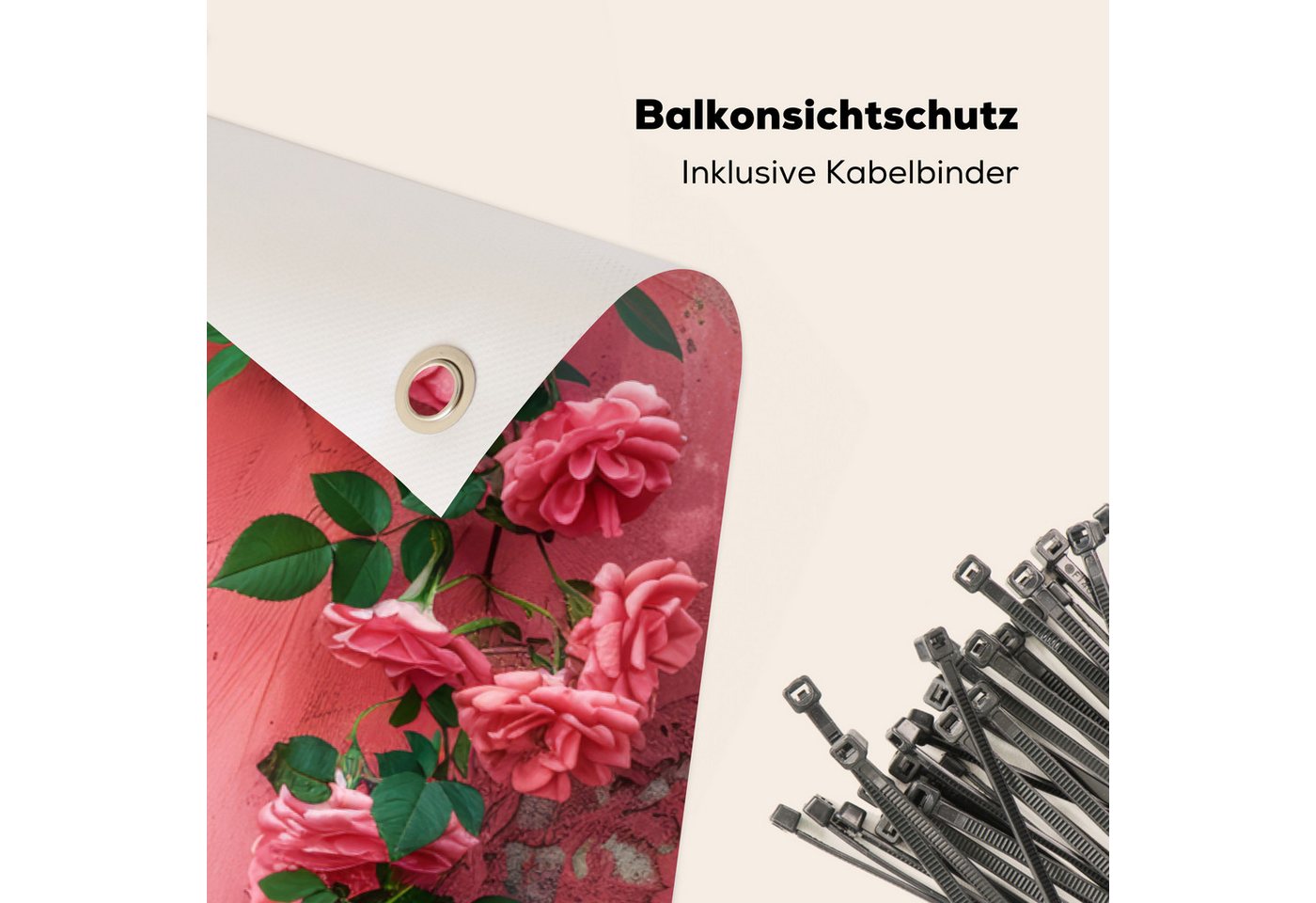 MuchoWow Balkonsichtschutz Rosa - Blumen - Rosen - Blätter (1-St) Balkon Sichtschutz 90x200, Windschutz für Zaun PVC, 200x90 cm
