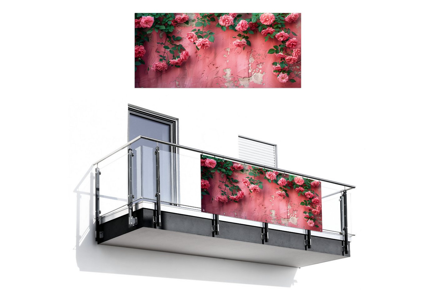 MuchoWow Balkonsichtschutz Rosa - Blumen - Rosen - Blätter (1-St) Balkon Sichtschutz 90x200, Windschutz für Zaun PVC, 200x90 cm Bild 2