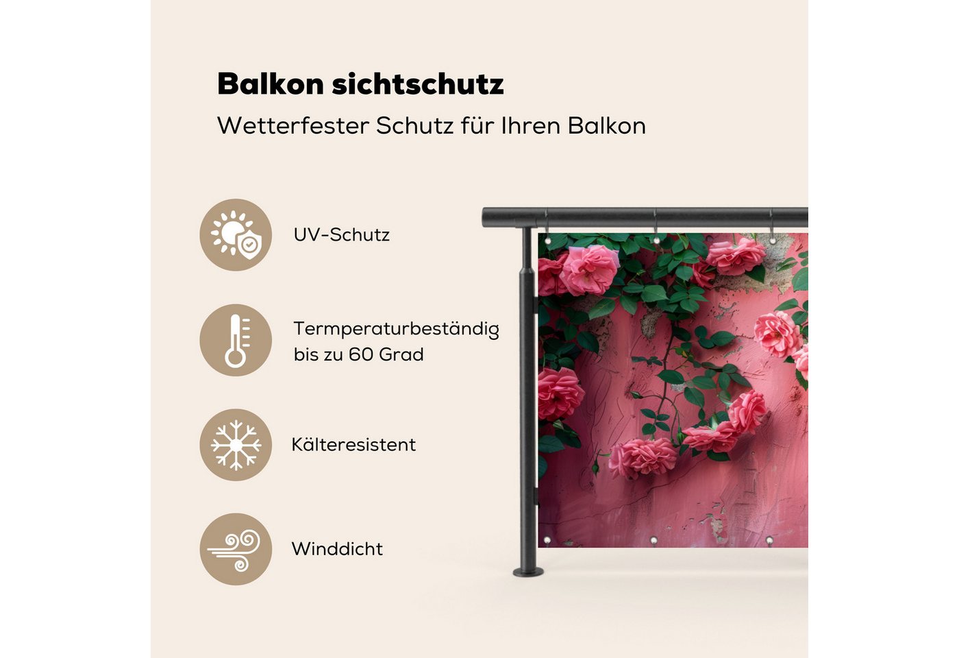 MuchoWow Balkonsichtschutz Rosa - Blumen - Rosen - Blätter (1-St) Balkon Sichtschutz 90x200, Windschutz für Zaun PVC, 200x90 cm Bild 4