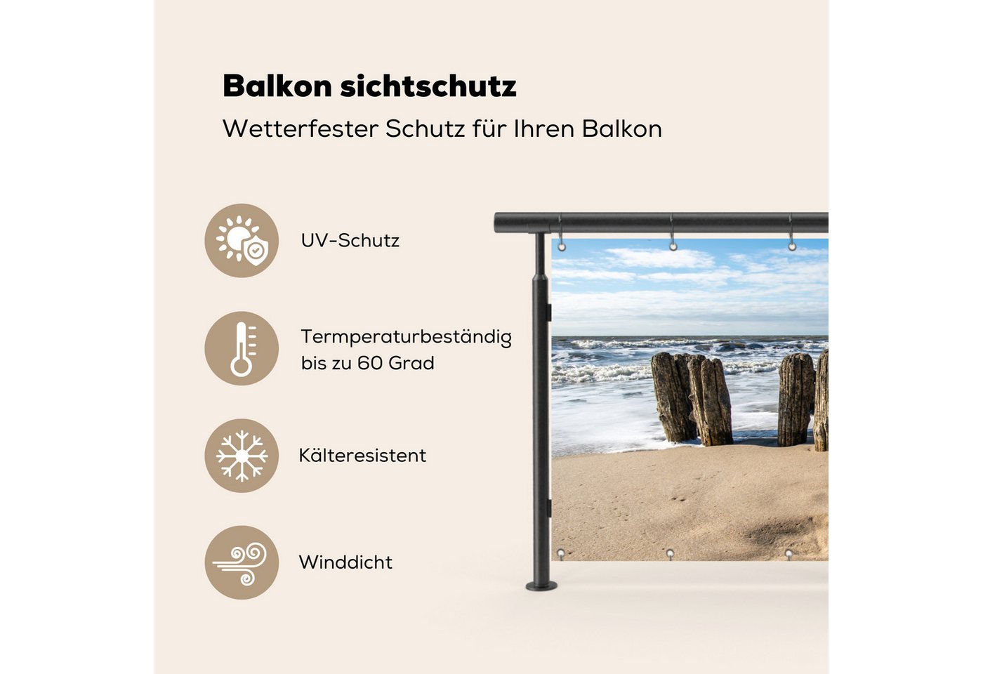 MuchoWow Balkonsichtschutz Sand - Strand - Pfahl - Wasser - Sommer (1-St) Balkon Sichtschutz 90x200, Windschutz für Zaun PVC, 200x90 cm Bild 4