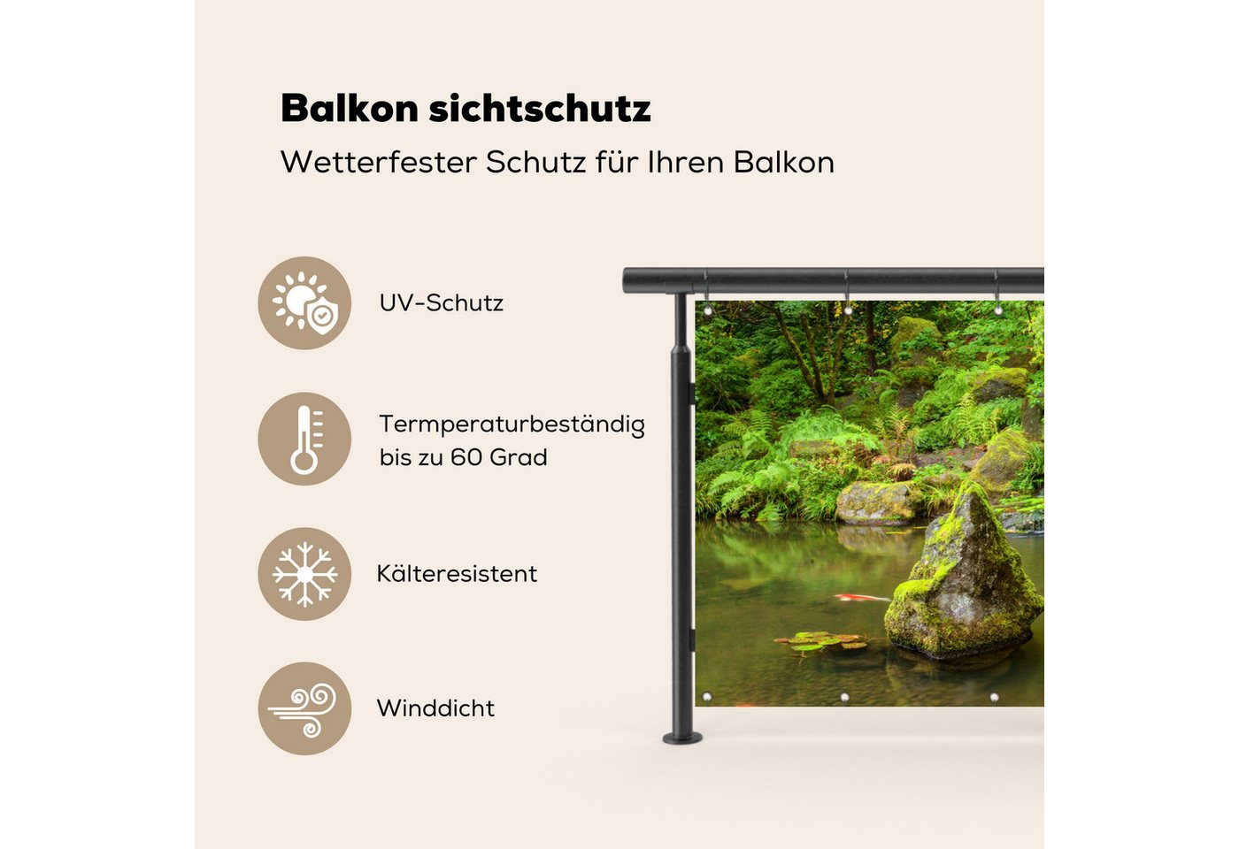 MuchoWow Balkonsichtschutz Wasserfall - Koi - Japanische Laterne - Moos - Wasser (1-St) Balkon Sichtschutz 90x200, Windschutz für Zaun PVC, 200x90 cm