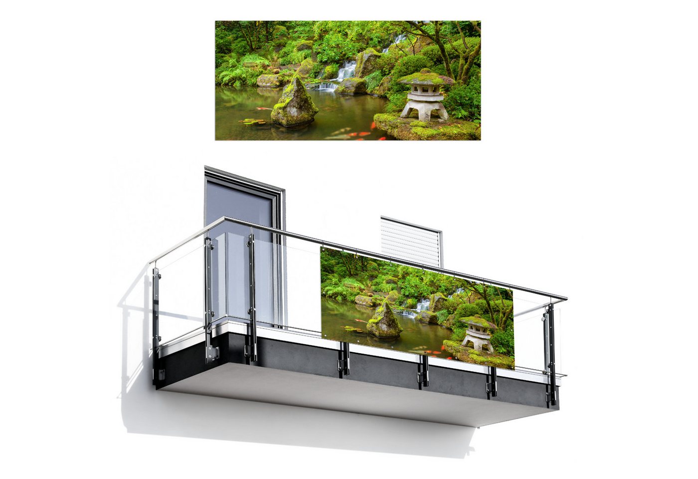 MuchoWow Balkonsichtschutz Wasserfall - Koi - Japanische Laterne - Moos - Wasser (1-St) Balkon Sichtschutz 90x200, Windschutz für Zaun PVC, 200x90 cm Bild 2