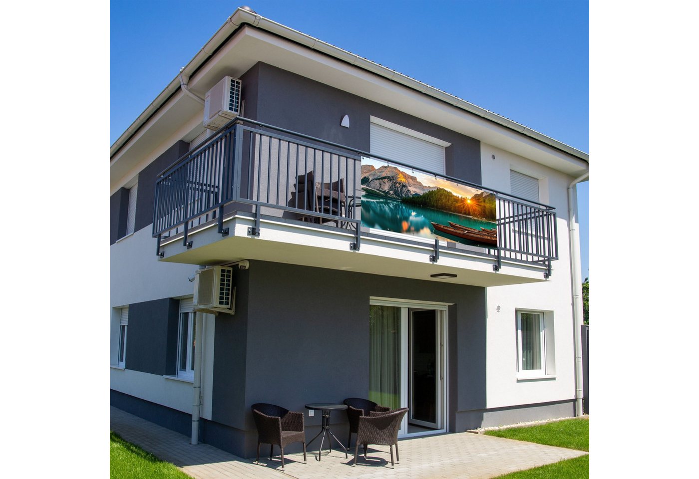 MuchoWow Balkonsichtschutz See - Berge - Sonnenuntergang - Boot (1-St) Balkon Sichtschutz 90x200, Windschutz für Zaun PVC, 200x90 cm Bild 3
