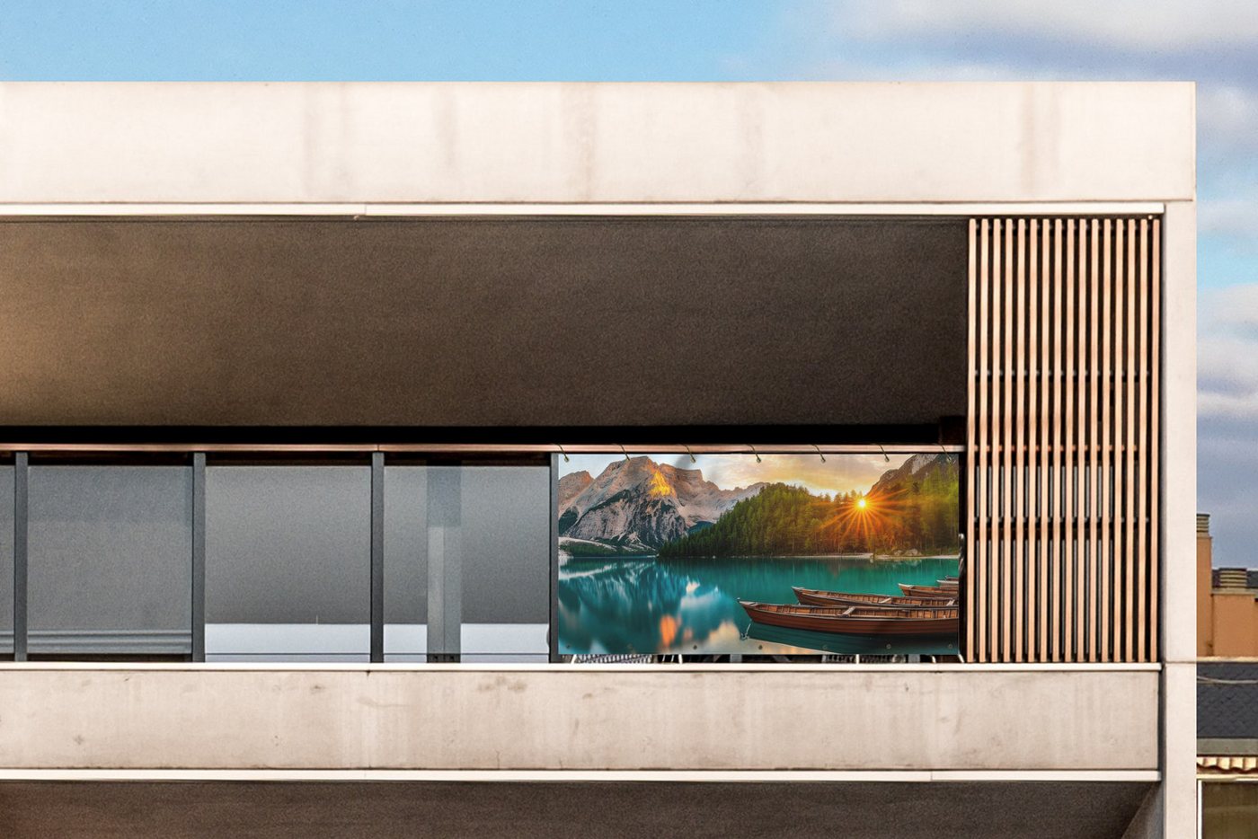 MuchoWow Balkonsichtschutz See - Berge - Sonnenuntergang - Boot (1-St) Balkon Sichtschutz 90x200, Windschutz für Zaun PVC, 200x90 cm Bild 4