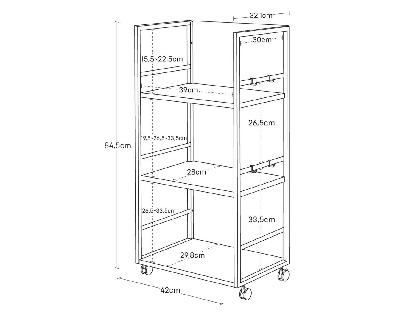 Yamazaki Regal Tower Aufbewahrungswagen 3 Ebenen mit Rollen für Büro Wohnzimmer, - 1-tlg., Aufbewahrungsregal, geschlossene Rückwand, inklusive 4 Haken Bild 3