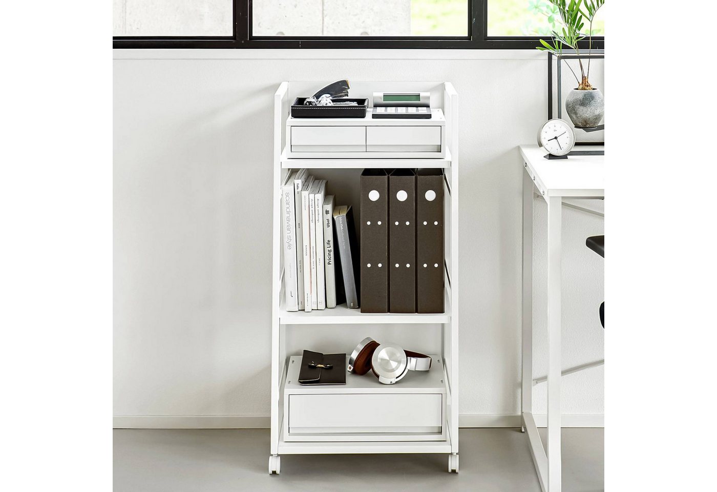 Yamazaki Regal Tower Aufbewahrungswagen 3 Ebenen mit Rollen für Büro Wohnzimmer, - 1-tlg., Aufbewahrungsregal, geschlossene Rückwand, inklusive 4 Haken Bild 5