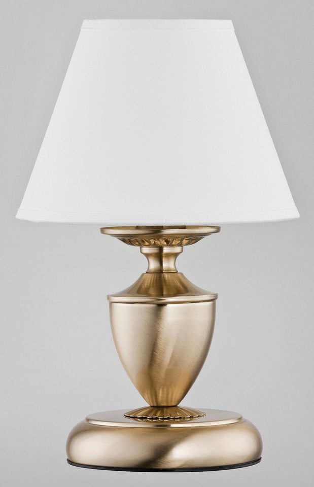Licht-Erlebnisse Nachttischlampe JURIDA, ohne Leuchtmittel, Stoff Metall E14 28 cm hoch in Messing Antik Creme Jugendstil