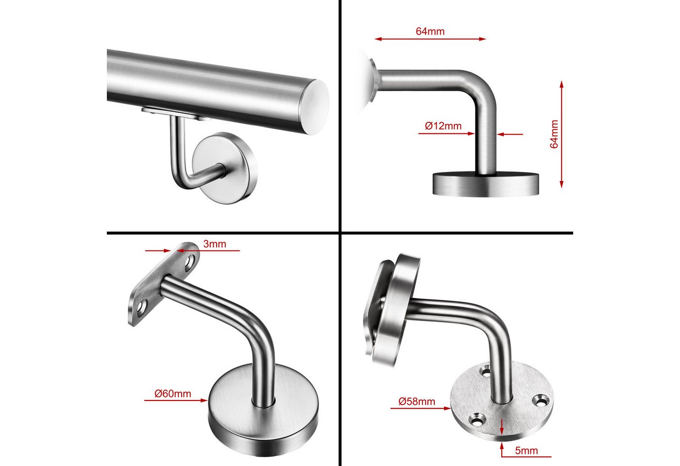 AICA Handlauf AICA Edelstahl Wandhandlauf & Treppengeländer Rostschutz Innen Außen, 100 cm Gesamtlänge, (Packung), 304 Edelstahl, Farbe: Silber/Schwarz/Braun, Länge: 80-240 cm Bild 4