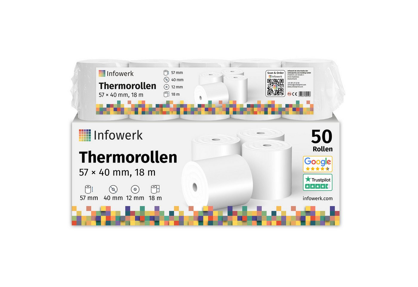 Infowerk Endlospapier Thermorollen, 57 x 40 x 12mm, 18m, PEFC, Für EPSON, IBM, u.v.m., PEFC-Zertifikat (GFA-PEFC-COC-500582) Bild 2