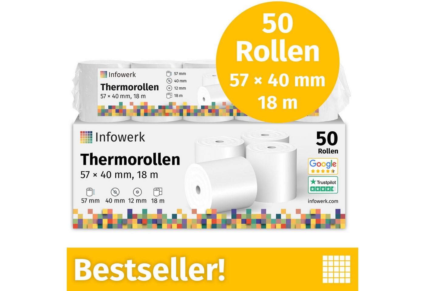 Infowerk Endlospapier Thermorollen, 57 x 40 x 12mm, 18m, PEFC, Für EPSON, IBM, u.v.m., PEFC-Zertifikat (GFA-PEFC-COC-500582) Bild 5