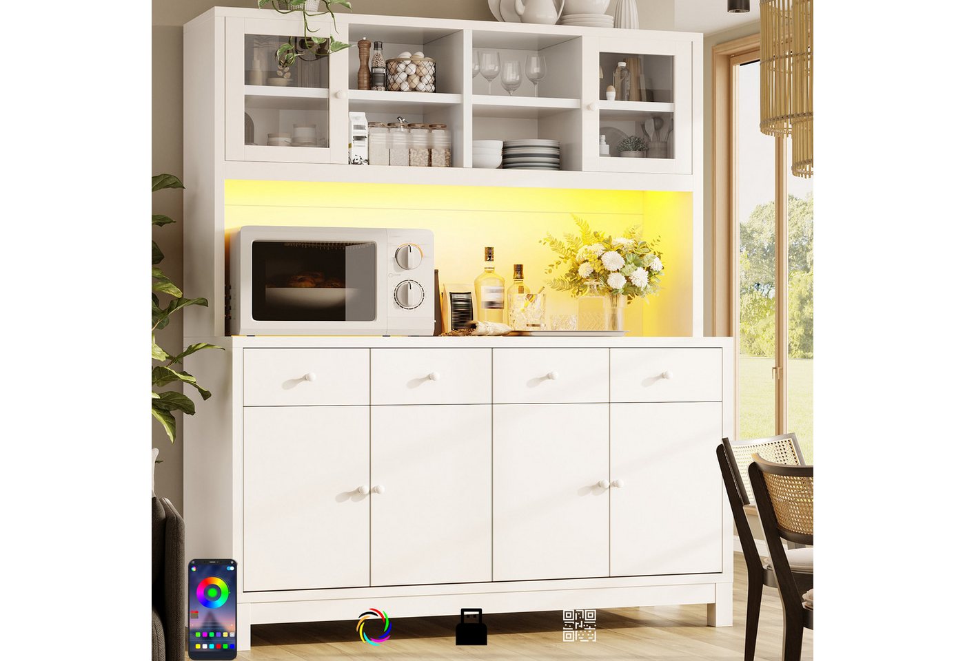 Flieks Küchenbuffet Hochschrank mit App-gesteuerter RGB-LED, Glastüren, 4 Schubladen (mit weißer Arbeitsplatte, 1-St., 140x40x180 cm) Küchenschrank Mehrzweckschrank mit verstellbare Einlegeböden Weiß Bild 2