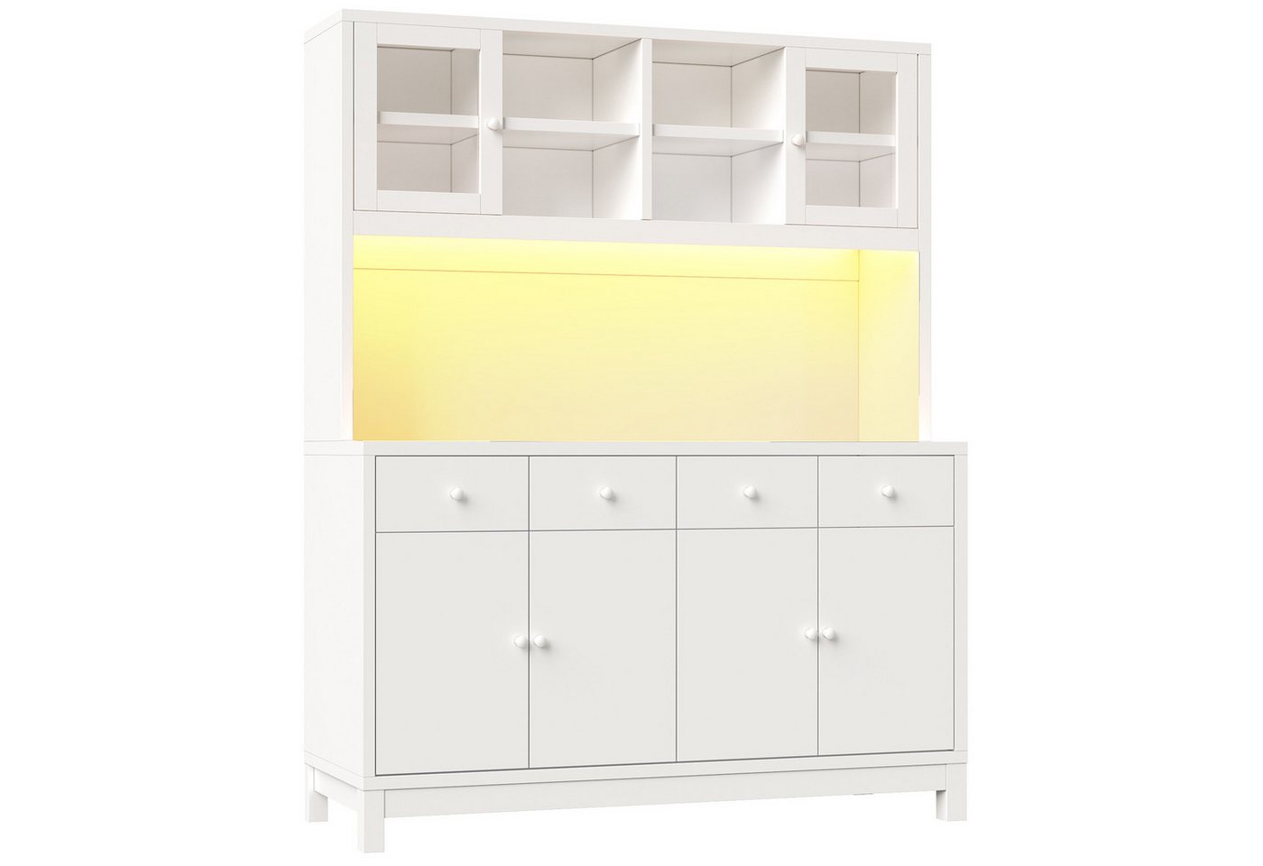 Flieks Küchenbuffet Hochschrank mit App-gesteuerter RGB-LED, Glastüren, 4 Schubladen (mit weißer Arbeitsplatte, 1-St., 140x40x180 cm) Küchenschrank Mehrzweckschrank mit verstellbare Einlegeböden Weiß Bild 3