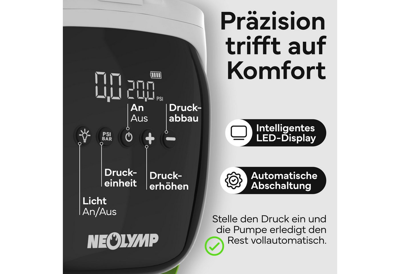 NEOLYMP Akku-Luftpumpe SUP Pumpe Elektrisch - Aufpumpen in Minuten statt mühsam von Hand (Elektrische Luftpumpe Kompressor für SUP Kajak Boot Zelt), 20 PSI, Auto-Stopp & LED-Display in PSI & BAR - 12V & USB-C Akku Bild 2