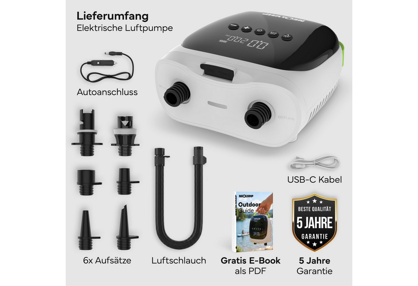 NEOLYMP Akku-Luftpumpe SUP Pumpe Elektrisch - Aufpumpen in Minuten statt mühsam von Hand (Elektrische Luftpumpe Kompressor für SUP Kajak Boot Zelt), 20 PSI, Auto-Stopp & LED-Display in PSI & BAR - 12V & USB-C Akku Bild 4