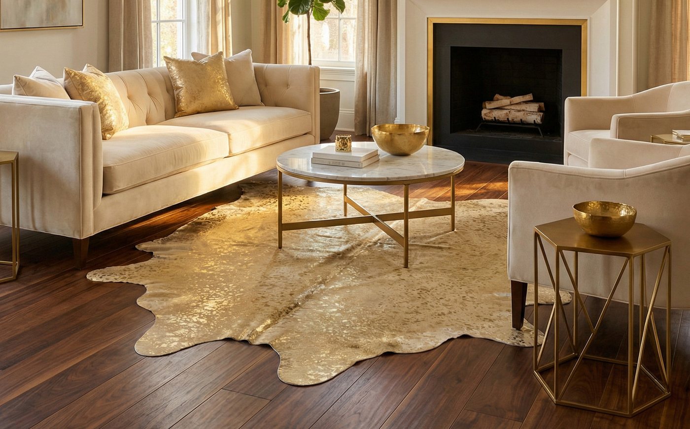 KUHFELL online & NOMAD Fellteppich Echtes Kuhfell Devore Gold 220x190 cm XXL Luxus Rinderfell Teppich