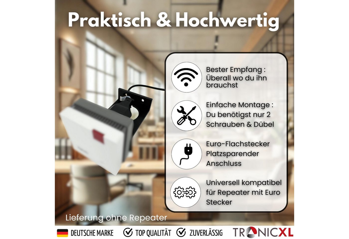 TronicXL Wandhalter 2m Verlängerung Wandhalterung für W-LAN Repeater für Fritz Repeater, (600 1200 1750E 2400 für AVM Fritz! Halterung), Wandhalter Wand Montage WLAN Verstärker