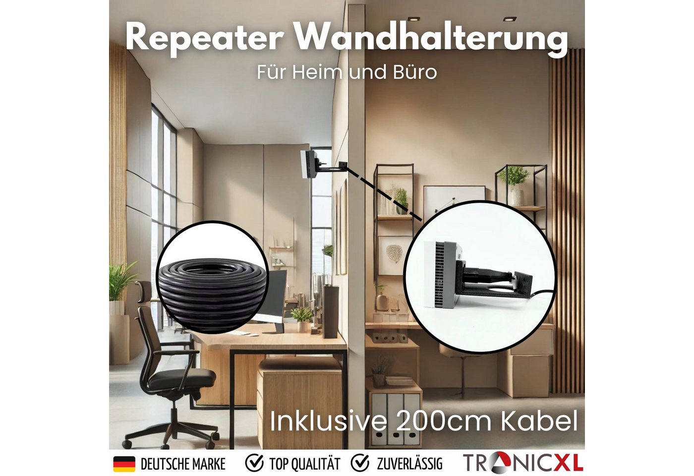 TronicXL Wandhalter 2m Verlängerung Wandhalterung für W-LAN Repeater für Fritz Repeater, (600 1200 1750E 2400 für AVM Fritz! Halterung), Wandhalter Wand Montage WLAN Verstärker Bild 2
