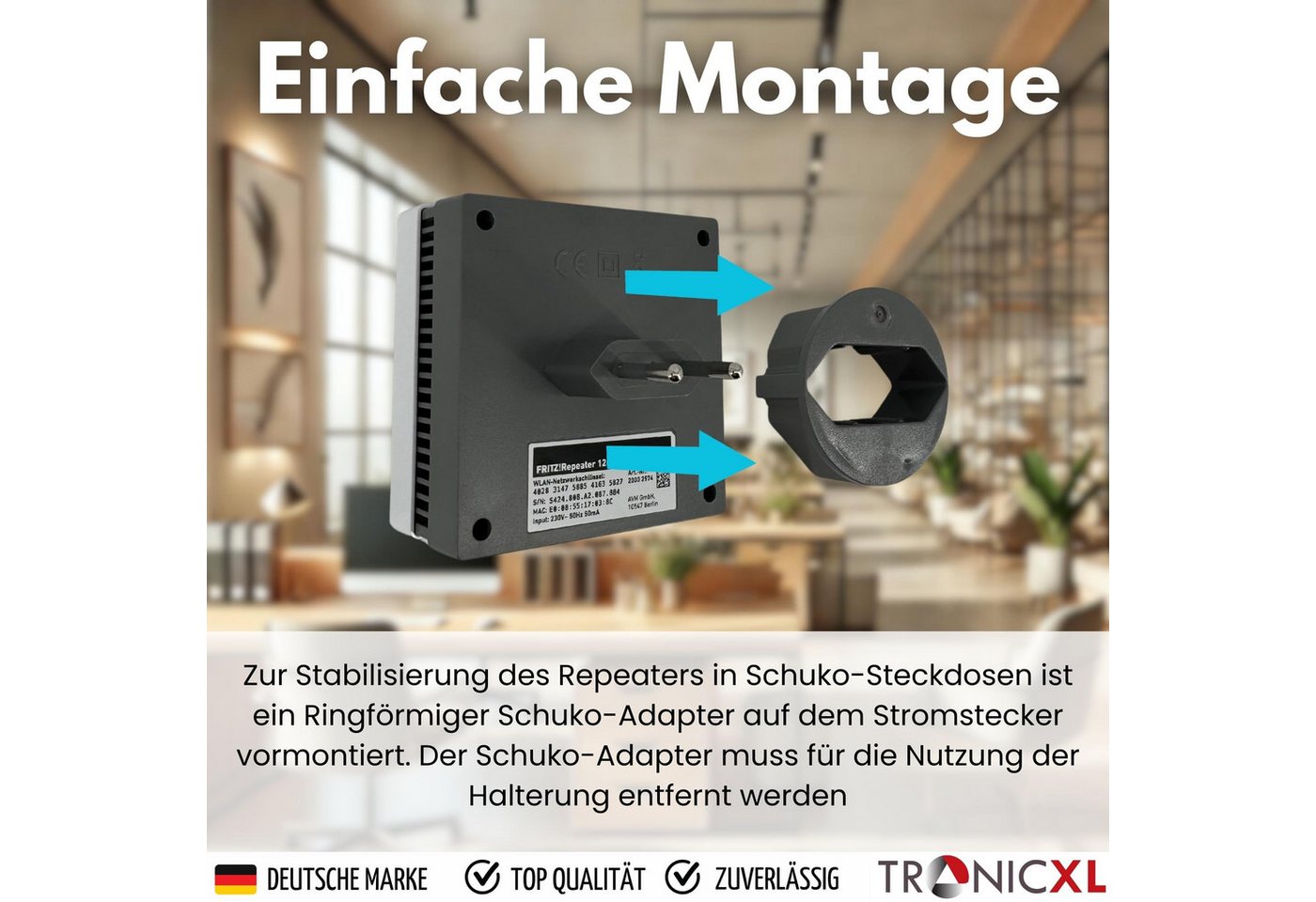 TronicXL Wandhalter 2m Verlängerung Wandhalterung für W-LAN Repeater für Fritz Repeater, (600 1200 1750E 2400 für AVM Fritz! Halterung), Wandhalter Wand Montage WLAN Verstärker Bild 5
