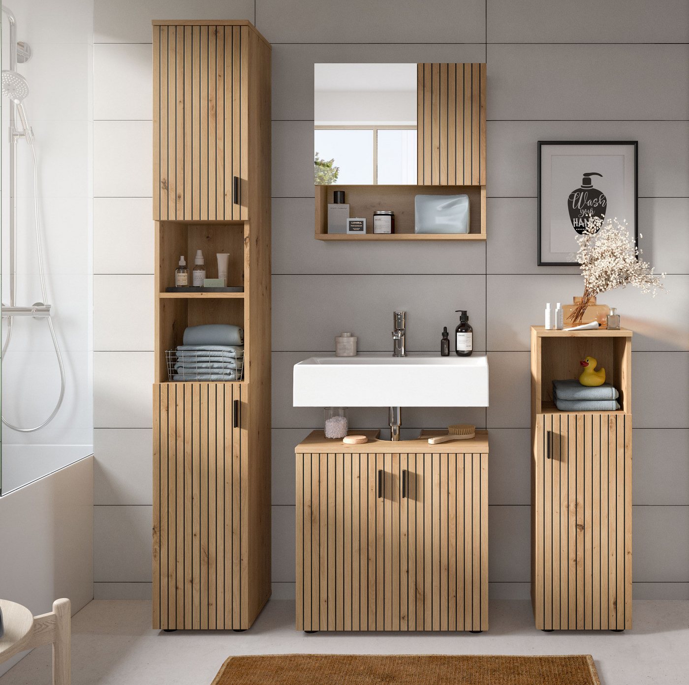 Inn.Furn Badmöbel-Set Livia, (Badezimmer in Eiche Artisan, 4-teilig, 150 x 192 cm), 16 Fächer, gefräste Leisten