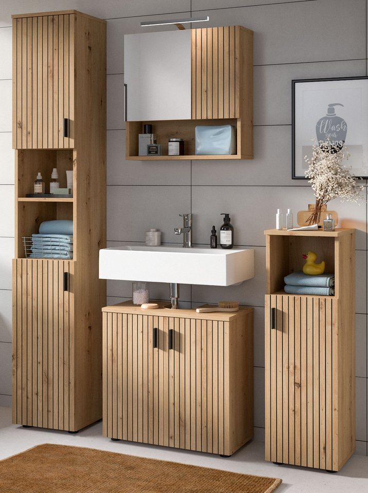 Inn.Furn Badmöbel-Set Livia, (Badezimmer in Eiche Artisan, 4-teilig, 150 x 192 cm), 16 Fächer, gefräste Leisten Bild 2