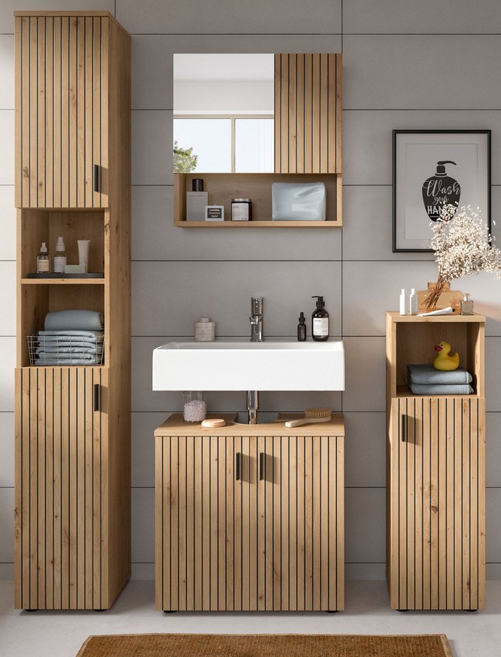 Inn.Furn Badmöbel-Set Livia, (Badezimmer in Eiche Artisan, 4-teilig, 150 x 192 cm), 16 Fächer, gefräste Leisten Bild 5