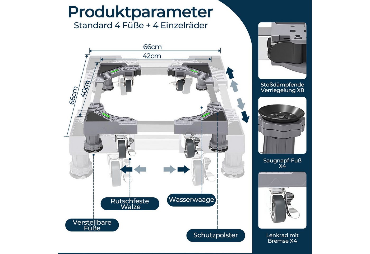 PFCTART Waschmaschinenuntergestell Waschmaschine Untergestell mit Rollen – 300 kg, verstellbar, Zubehör für Waschmaschine, Kühlschrank & Trockner – Inkl. einstellbarer Füße, Geräte Sockel mit Bremsrollen & Vibrationsschutz, Mobile Waschmaschine Bild 3