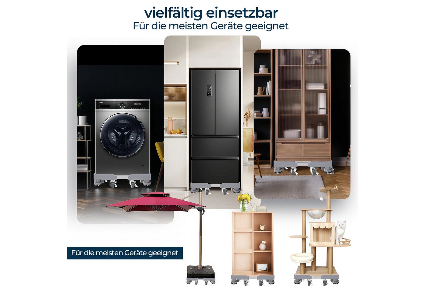 PFCTART Waschmaschinenuntergestell Waschmaschine Untergestell mit Rollen – 300 kg, verstellbar, Zubehör für Waschmaschine, Kühlschrank & Trockner – Inkl. einstellbarer Füße, Geräte Sockel mit Bremsrollen & Vibrationsschutz, Mobile Waschmaschine Bild 4