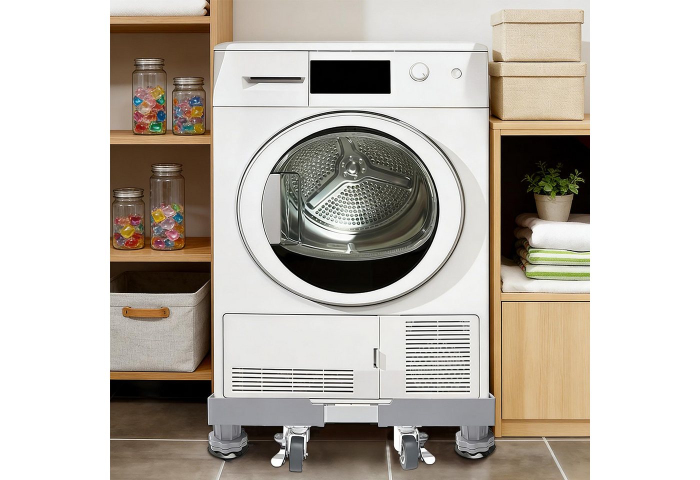 PFCTART Waschmaschinenuntergestell Waschmaschine Untergestell mit Rollen – 300 kg, verstellbar, Zubehör für Waschmaschine, Kühlschrank & Trockner – Inkl. einstellbarer Füße, Geräte Sockel mit Bremsrollen & Vibrationsschutz, Mobile Waschmaschine Bild 5