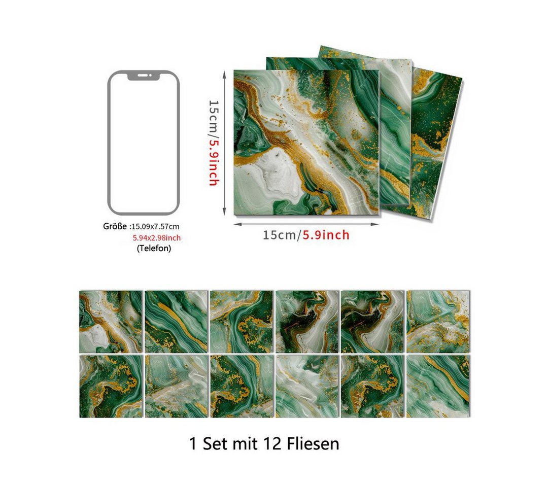 Agger Wandfliese Fliesenaufkleber Marmor 12 Stück 15x15 cm, selbstklebende Fliesen-Folie, 15x15, Marmor Grün-a, für Bad & Küche, entfernbare Klebe-Folie