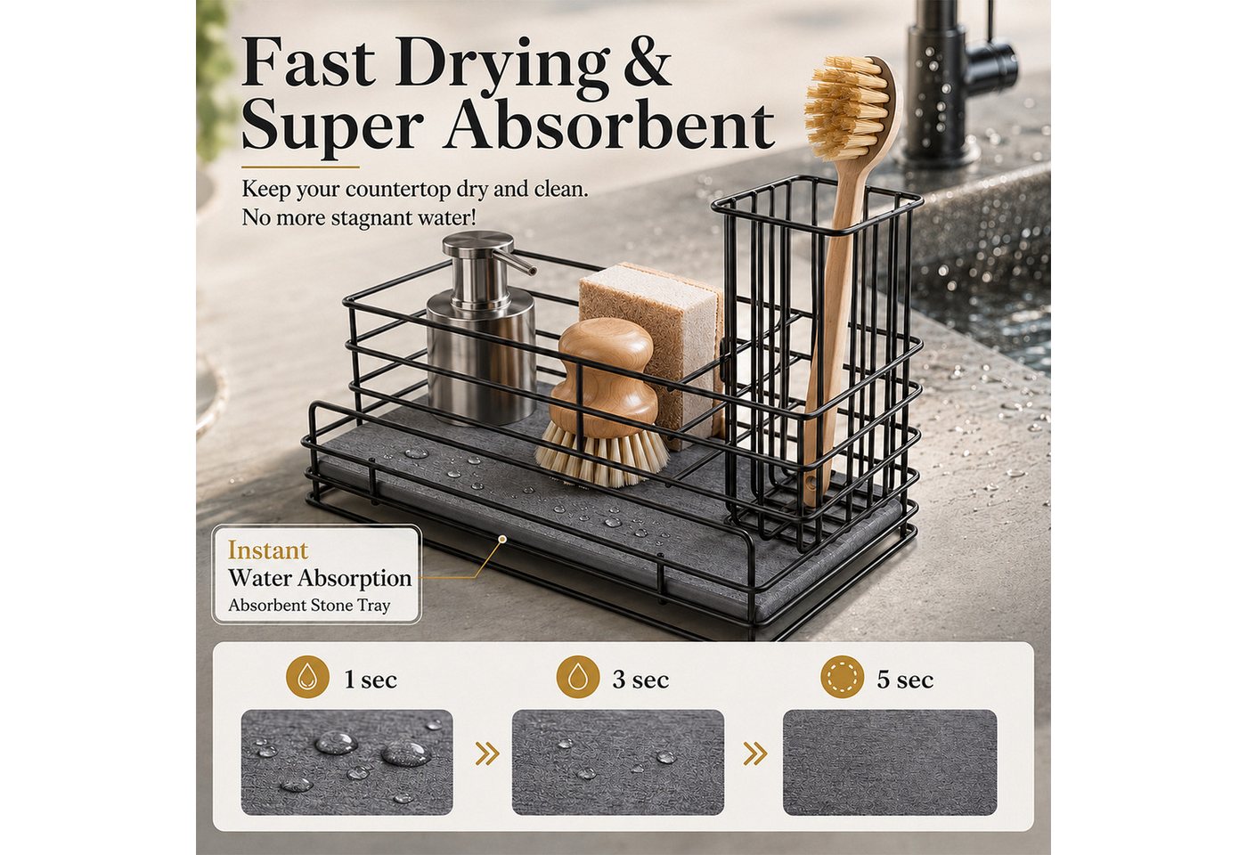 BlingBin Küchenorganizer-Set Spülbecken Organizer Küche mit Schnelltrocknender Diatomit Platte, (1er Set, 1-tlg., Maße: 23 × 11 × 10 cm), Caddy Schwammhalter mit Bürstenhalter für Spülmittel, Küchenutensilien