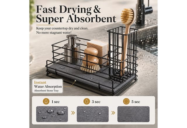 BlingBin Küchenorganizer-Set Spülbecken Organizer Küche mit Schnelltrocknender Diatomit Platte, (1er Set, 1-tlg., Maße: 23 × 11 × 10 cm), Caddy Schwammhalter mit Bürstenhalter für Spülmittel, Küchenutensilien