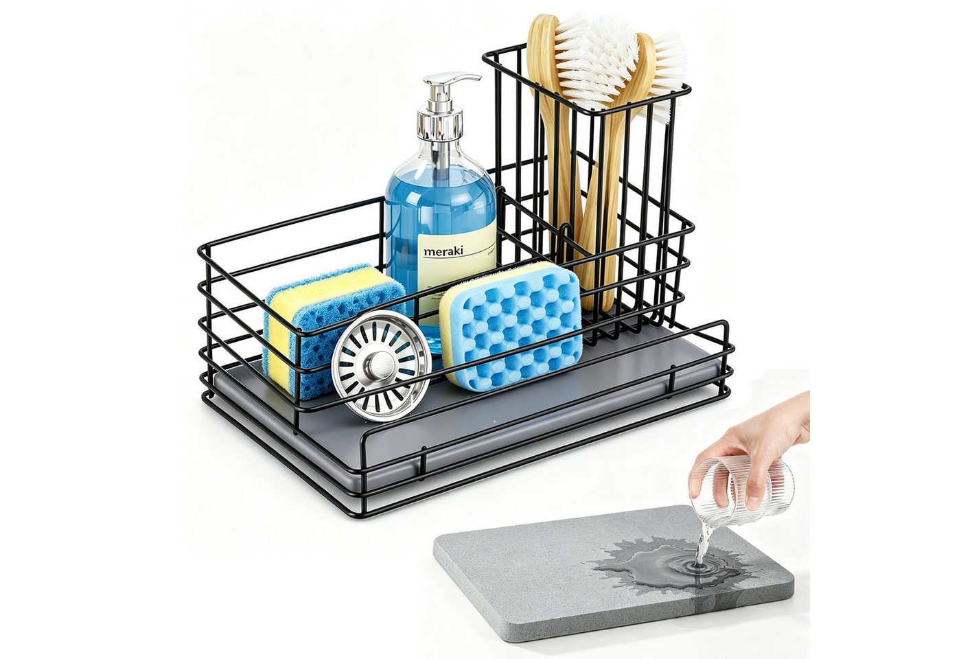 BlingBin Küchenorganizer-Set Spülbecken Organizer Küche mit Schnelltrocknender Diatomit Platte, (1er Set, 1-tlg., Maße: 23 × 11 × 10 cm), Caddy Schwammhalter mit Bürstenhalter für Spülmittel, Küchenutensilien Bild 2